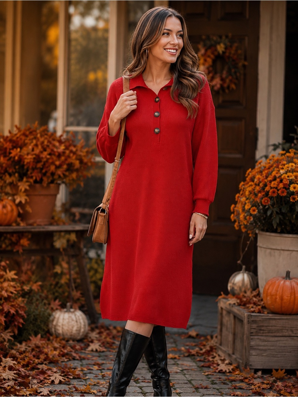 Burnt Orange Collared Henley Sweater Dress Size Large Long Sleeve Midi Fall